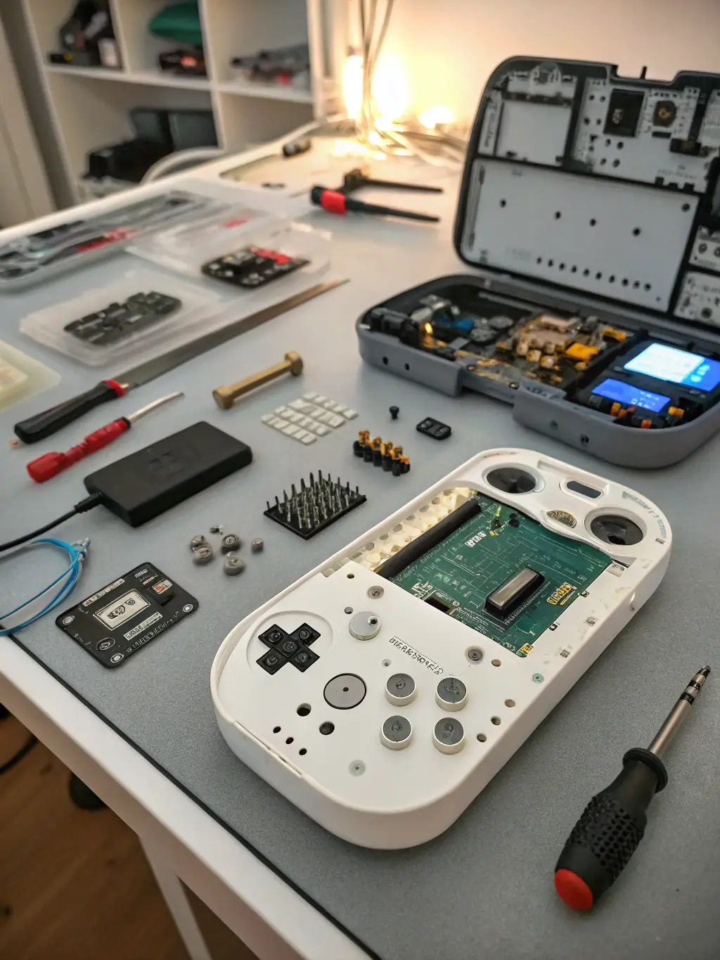 A technician repairing a PlayStation console with precision tools and diagnostic equipment in a dedicated gaming console repair area, emphasizing Fixtech Limited's PlayStation repair service.
