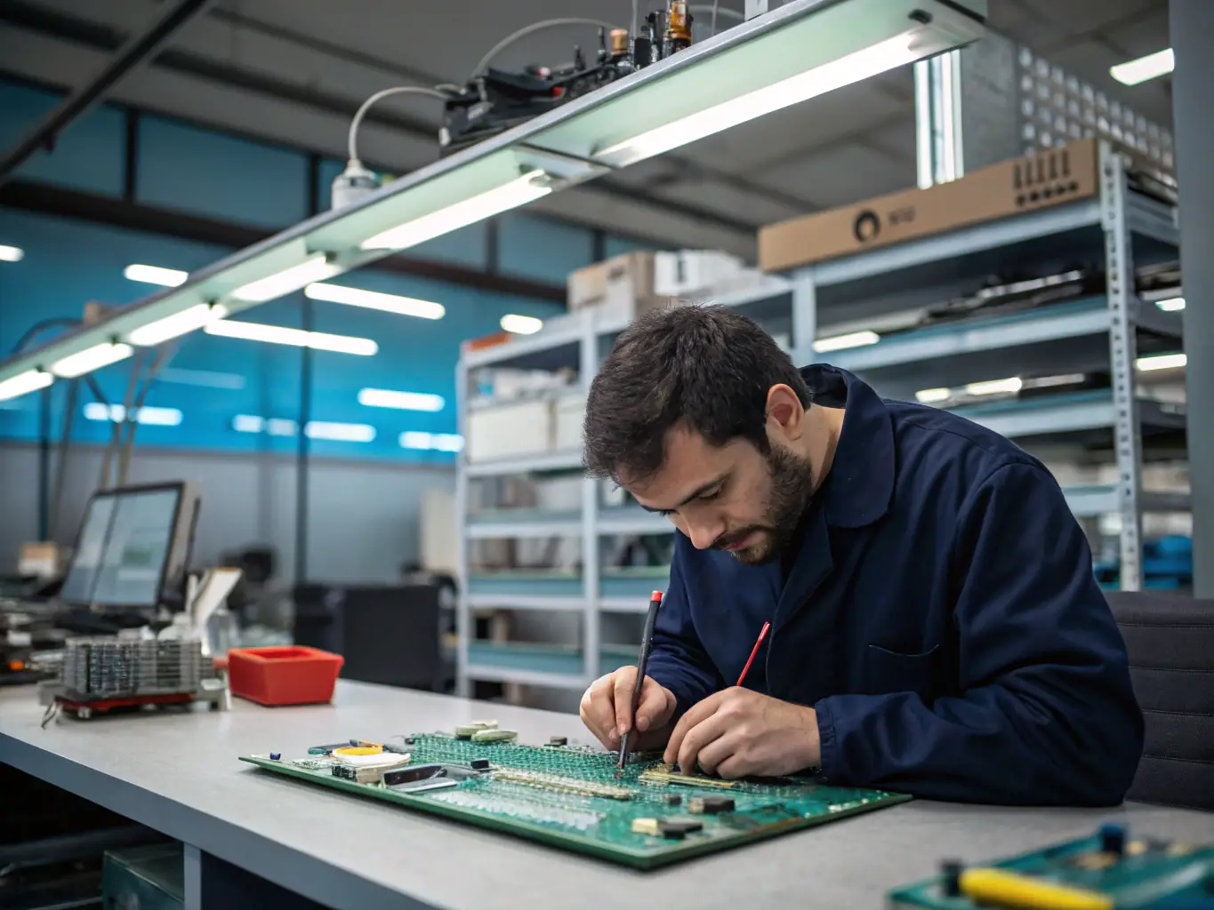 A technician is soldering components on a circuit board of a laptop, wearing an anti-static wrist strap. The workspace is organized with various electronic components and tools neatly arranged.