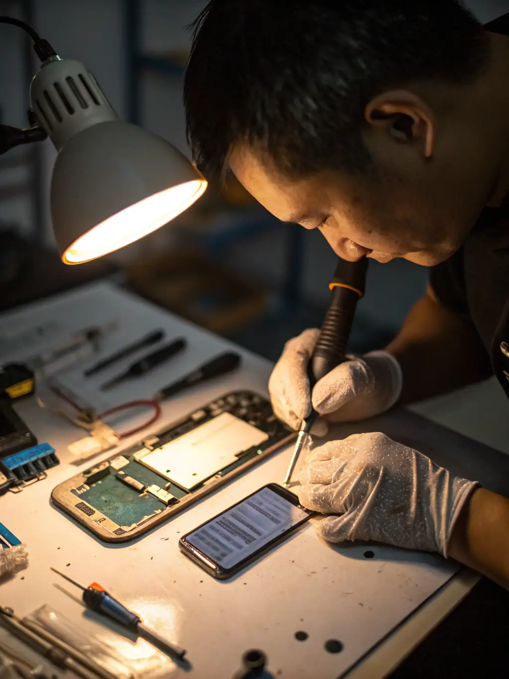 A technician expertly replacing a cracked smartphone screen in a modern, well-lit repair shop, showcasing Fixtech Limited's mobile phone repair service.