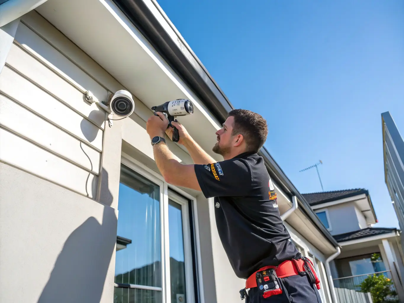 A professional installing a CCTV camera on the exterior of a building, with a focus on the secure mounting and wiring of the system.
