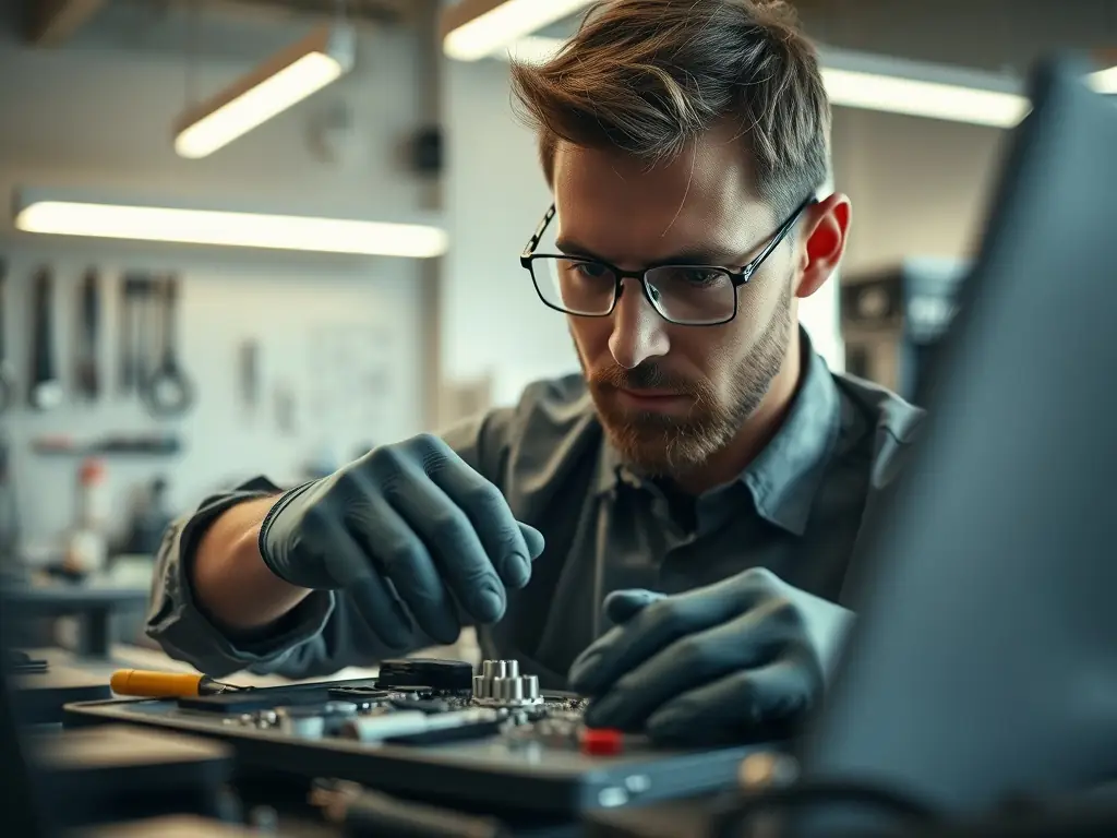 A technician working on the motherboard of a laptop with various tools and components visible. The image should highlight the complexity and skill involved in computer repairs.