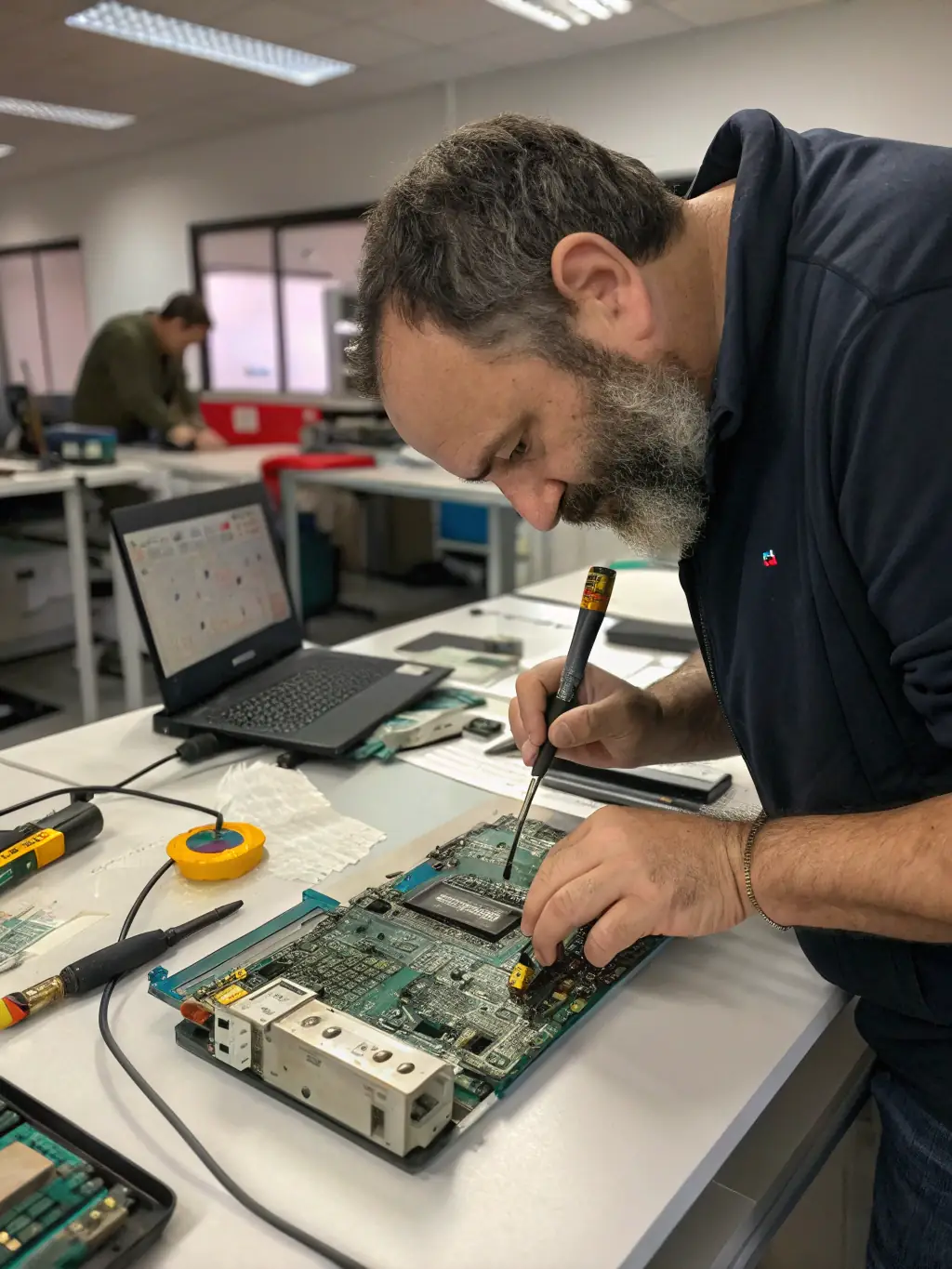 A technician carefully diagnosing a laptop's motherboard with diagnostic tools in a professional workshop, highlighting Fixtech Limited's computer and laptop repair expertise.