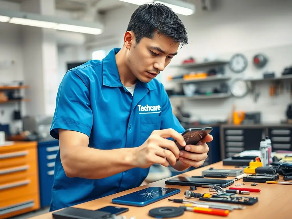 A technician carefully repairing a smartphone screen in a clean, modern repair shop setting. The image should convey precision and expertise.