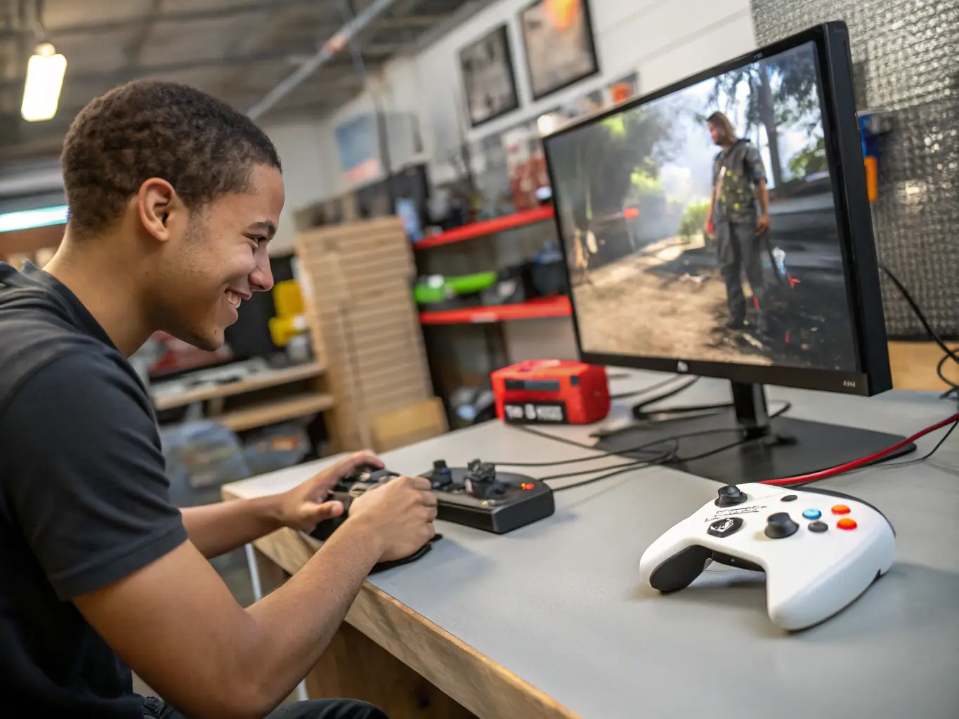 A technician is conducting a final quality check on a repaired PlayStation console, testing its functionality with a game. The console is connected to a display, and the technician is holding a controller.