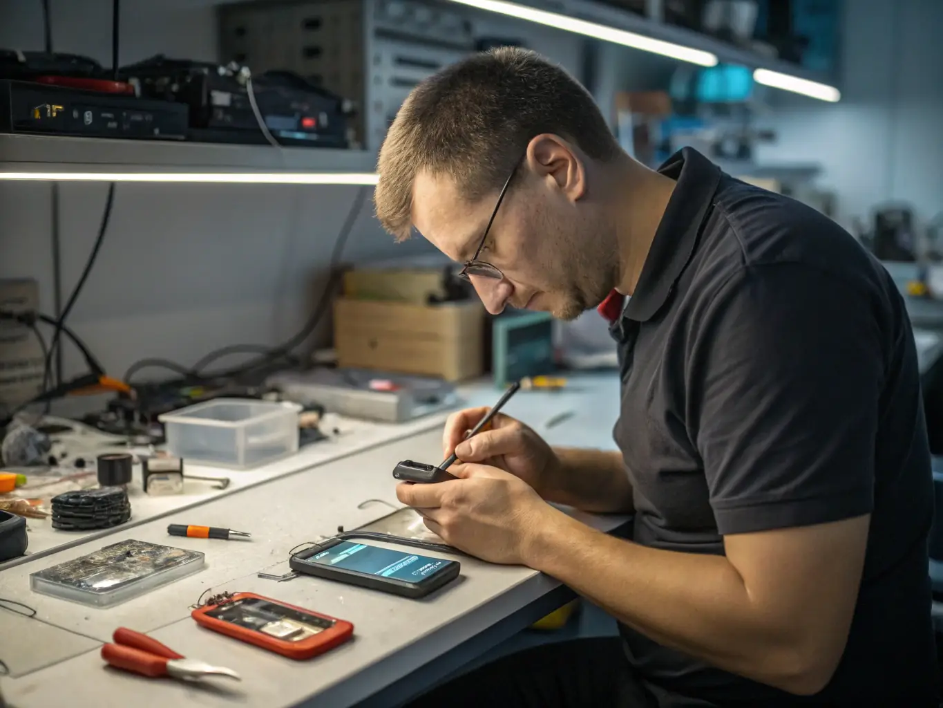 A technician in a clean, modern repair shop is carefully disassembling a smartphone, using specialized tools to access the internal components. The lighting is bright and focused, highlighting the precision of the work.
